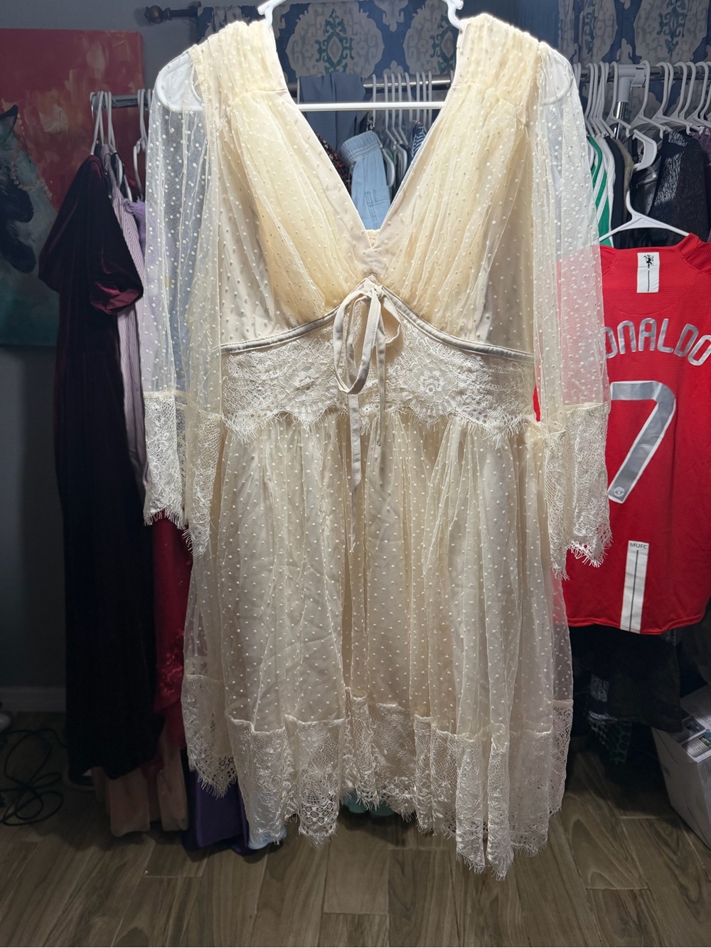 Cream Lace Dot-Swiss V-Neck Midi Dress